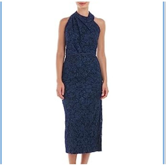 JS Collections Dresses & Skirts - JS Collection Sz 8 Scarlet Wrap Tea Length Dress Navy Embroidered Mesh Soutache